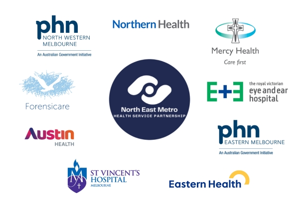 Shows the North East Metro Health Service Partnership logo with the logos for Austin Health, Eastern Health, Forensicare, Mercy Hospital for Women, Northern Health, Royal Victorian Eye and Ear Hospital, St Vincent's Hospital Melbourne, Eastern Melbourne Primary Health Network and North Western Melbourne Primary Health Network around it.